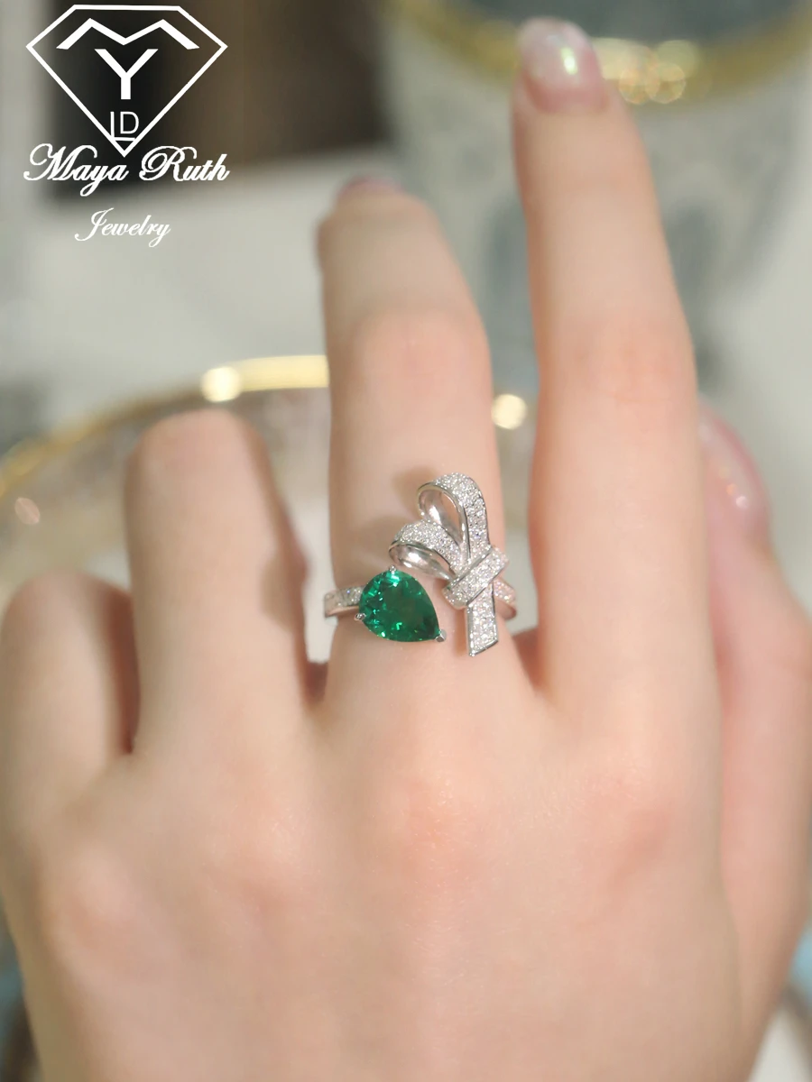 Created Emerald Gemstone Special Vintage Cocktail Ring 925 Sterling Silver Party for Women Gifts Bowknot Teardrop Pear Shape New