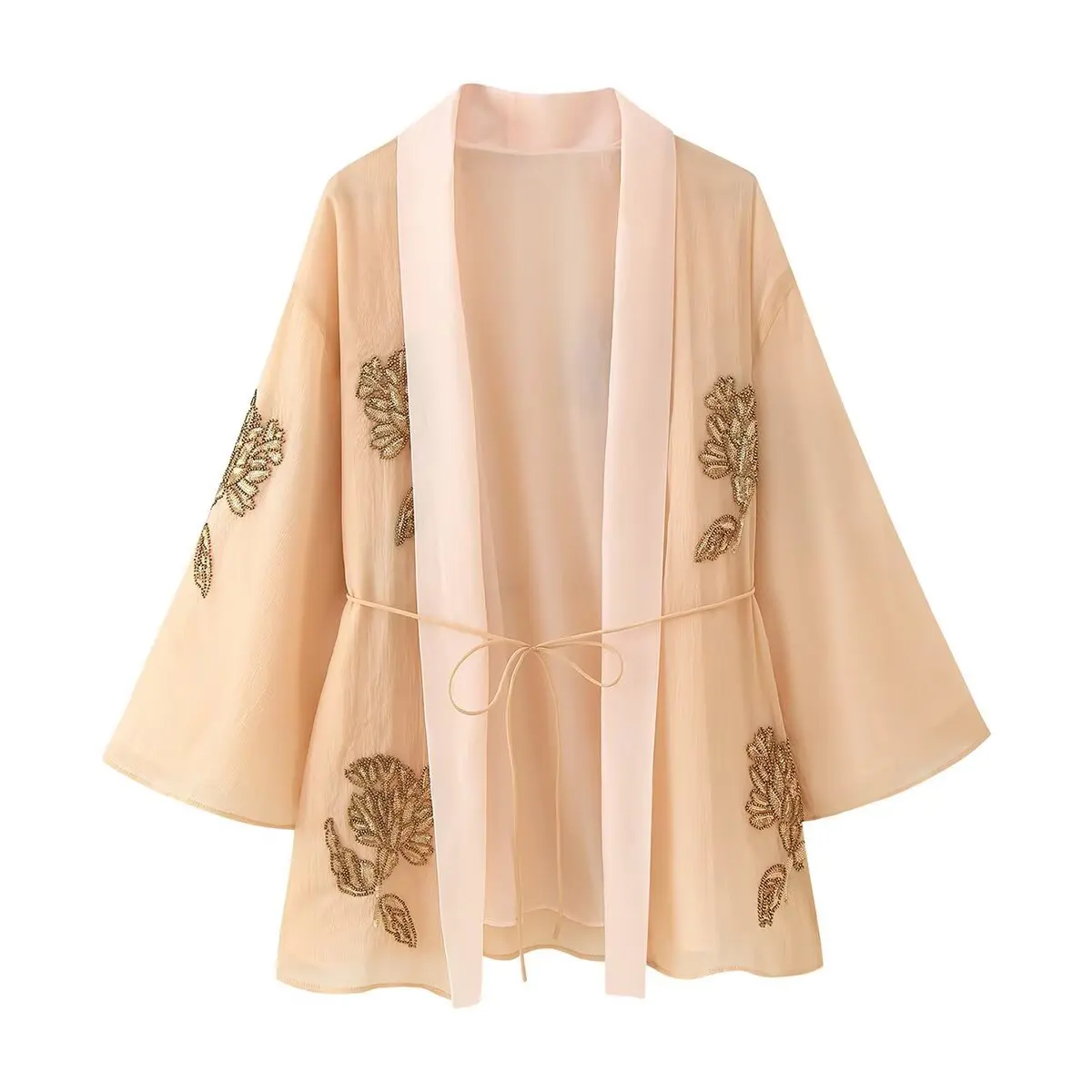 

2025 Spring New Women Beaded Silk Blend Short Kimono Outerwear Tassel Tie Waist Jacket Coat
