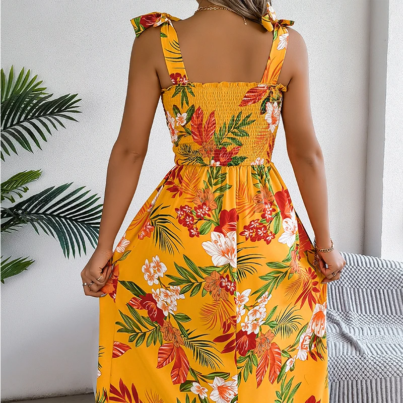 Abito lungo Boho estivo da donna elegante Colletto quadrato sexy Stampa floreale Vacanza Spiaggia Cami Vestito estivo Abiti maxi con cinturino casual