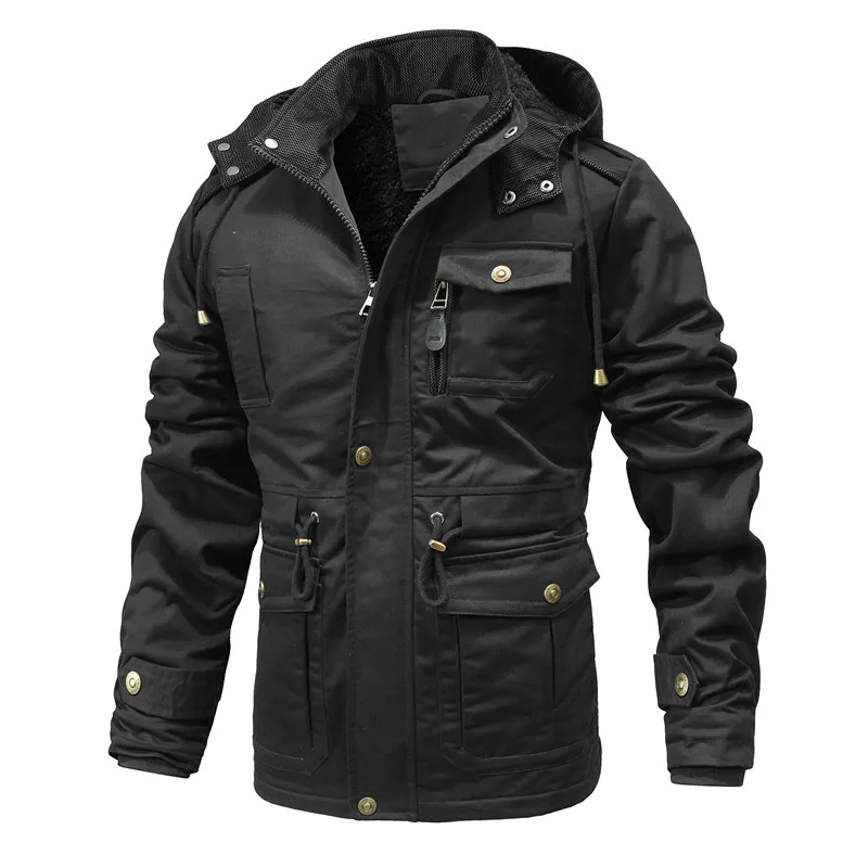 

Winter Men's Hooded Jacket Solid Color Fleece Warm Thick Outerwear Coats Men Cotton Multi Pockets Casual Jackets Outdoor Coat
