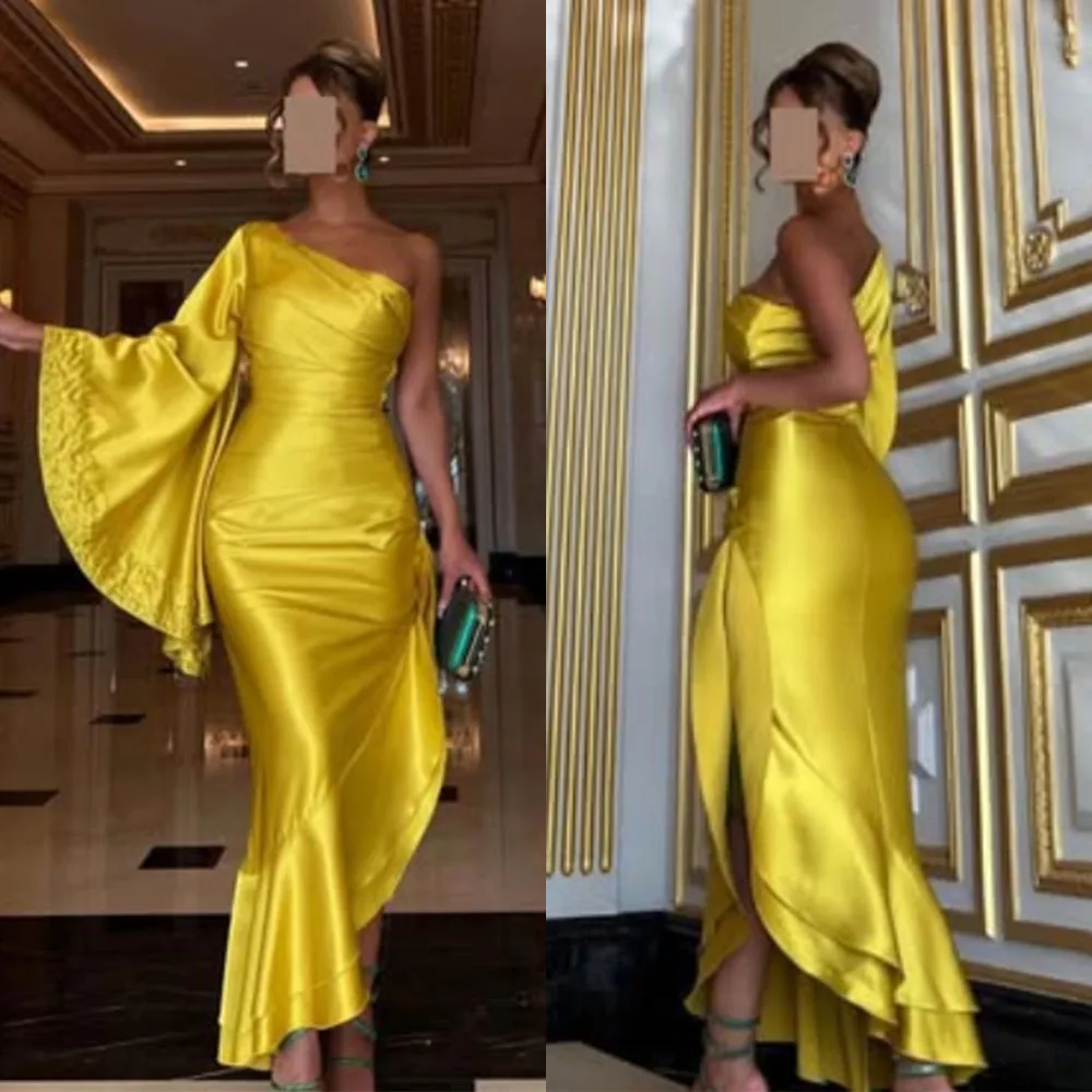 

High Quality Customized Ankle Length One Shoulder Yellow Pleat Beaded Backless Elegant Dress Women for Wedding Party فساتين