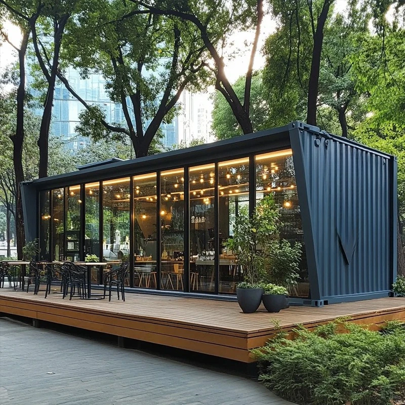 黒いコンテナハウスの移動式住宅、取り外し可能な鉄骨構造、ネットの人気景勝レストラン