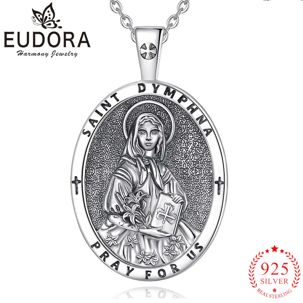 Eudora Saint Dymphna Necklace 925 Sterling Silver Catholic Inscription Cross Pendant Protection Jewelry Fine Gift for Woman Men