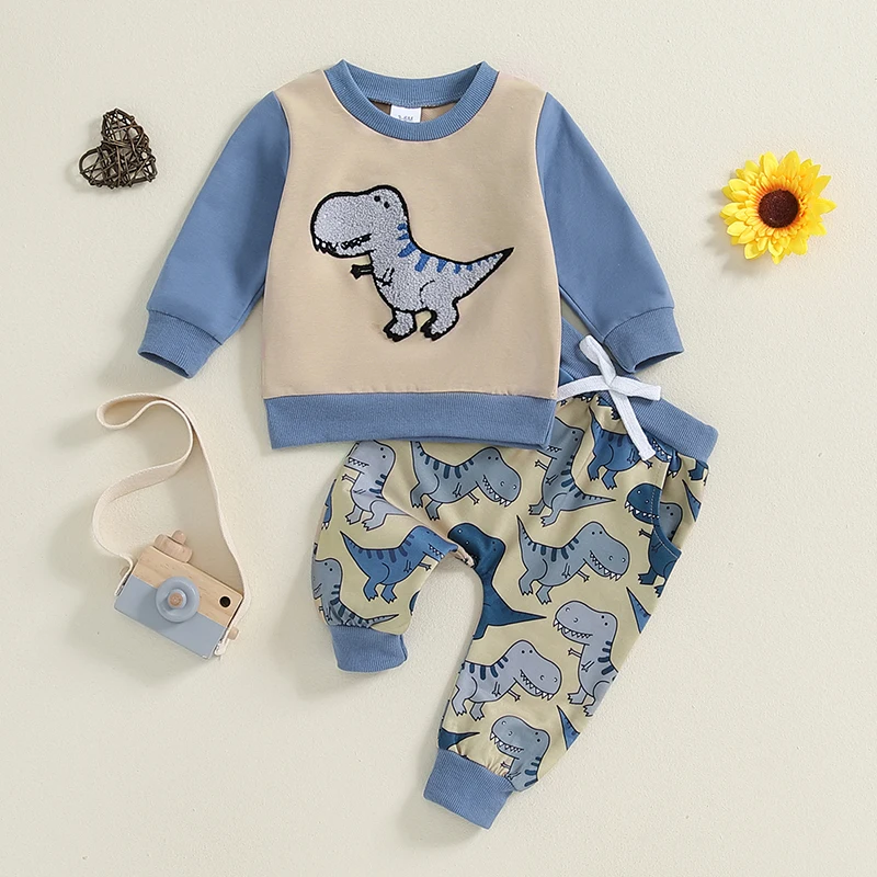 

Suefunskry Baby Boy Fall Outfit Dinosaur Print Long Sleeve Sweatshirt Tops and Elastic Waist Pants 2 Piece Set for Toddler