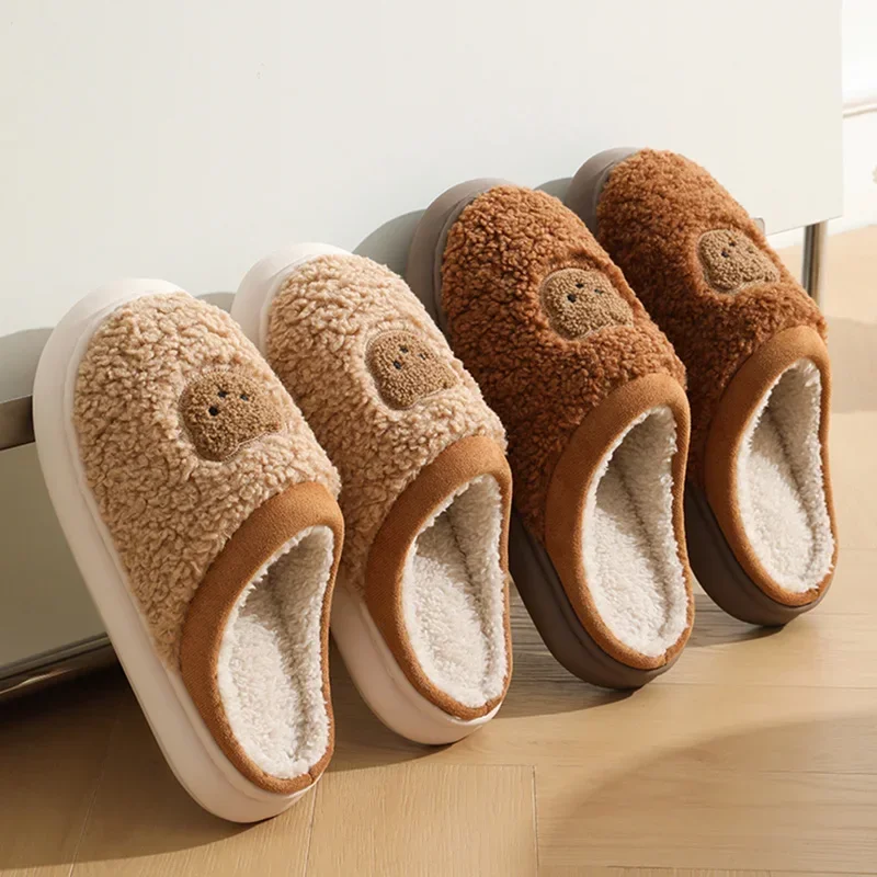 Women Men Winter Cute Bear Lamb Wool Slippers Retro Shearling Faux Fur Lined Warm Thick Sole Non Slip Indoor Home House Footwear