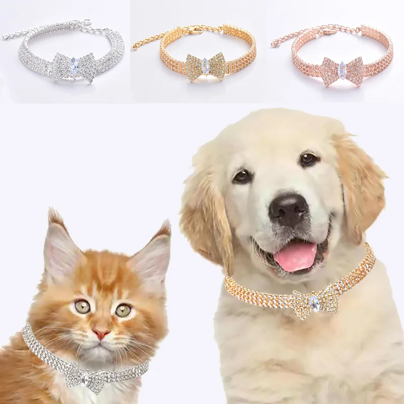 

Pet Necklace Cat Dog Collar with Diamond Zircon Bone Pendant Jewelry Adjustable Luxury Metal Copper Puppy Collars Dog Supplies