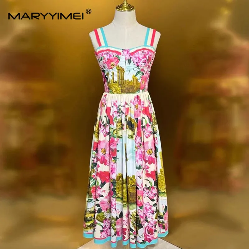 MARYYIMEI Fashion Design Women's Dress Square-Neck Spaghetti Strap Backless High waist Slim Print Pleated Cotton Dresses