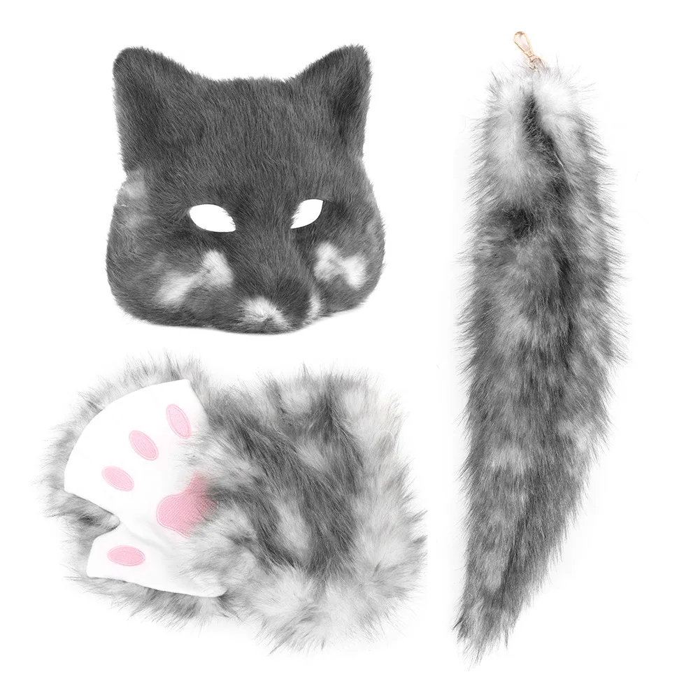 Costume di Halloween Simulazione Volpe Lupo Cane Orso Animale Maschera di ruolo Guanti Peluche Coda Animale Puntelli e accessori Cosplay