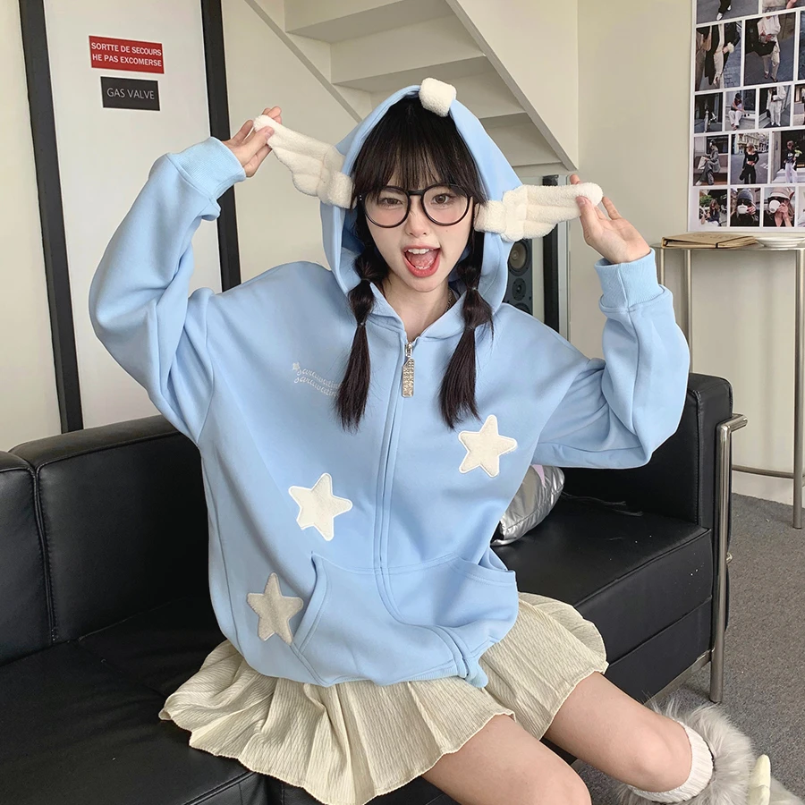 Hooded Hoodies Women Sweet Cool Kawaii Designed Korean Fashion BF All-match Coats Aesthetic Clothes Outwear Y2k Sweatshirts Ins