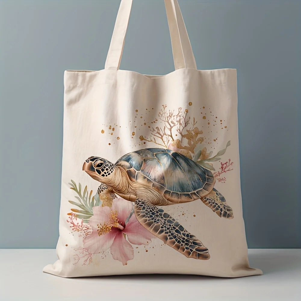 A Turtle Flowers Pattern printed canvas tote bag, suitable for daily use, shopping, school, and travel