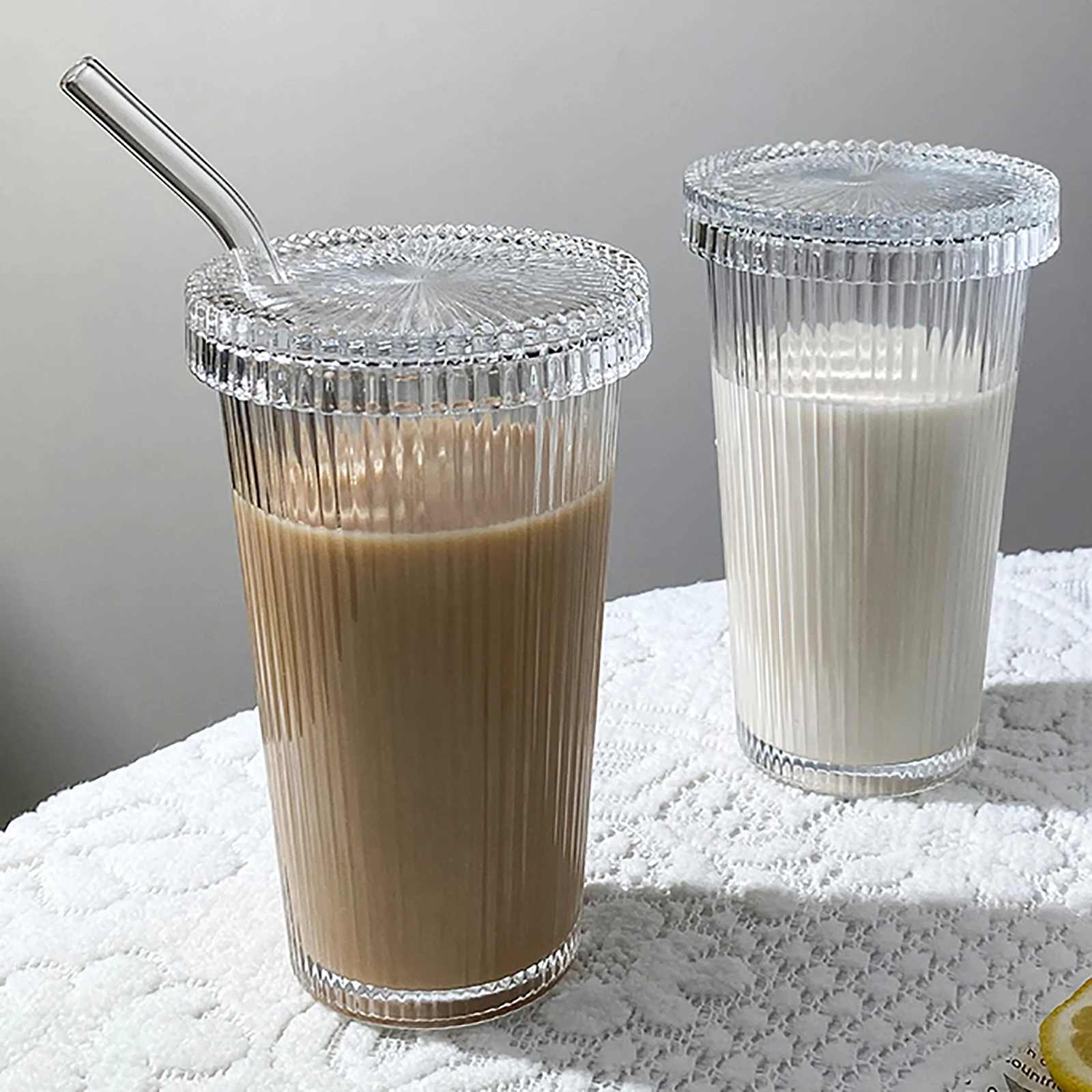 375ml Simple Korean Style Striped Glass Straw Cup Portable Ice American Milk Coffee Cup Cold Drink Juice Cup With Lid And Straw