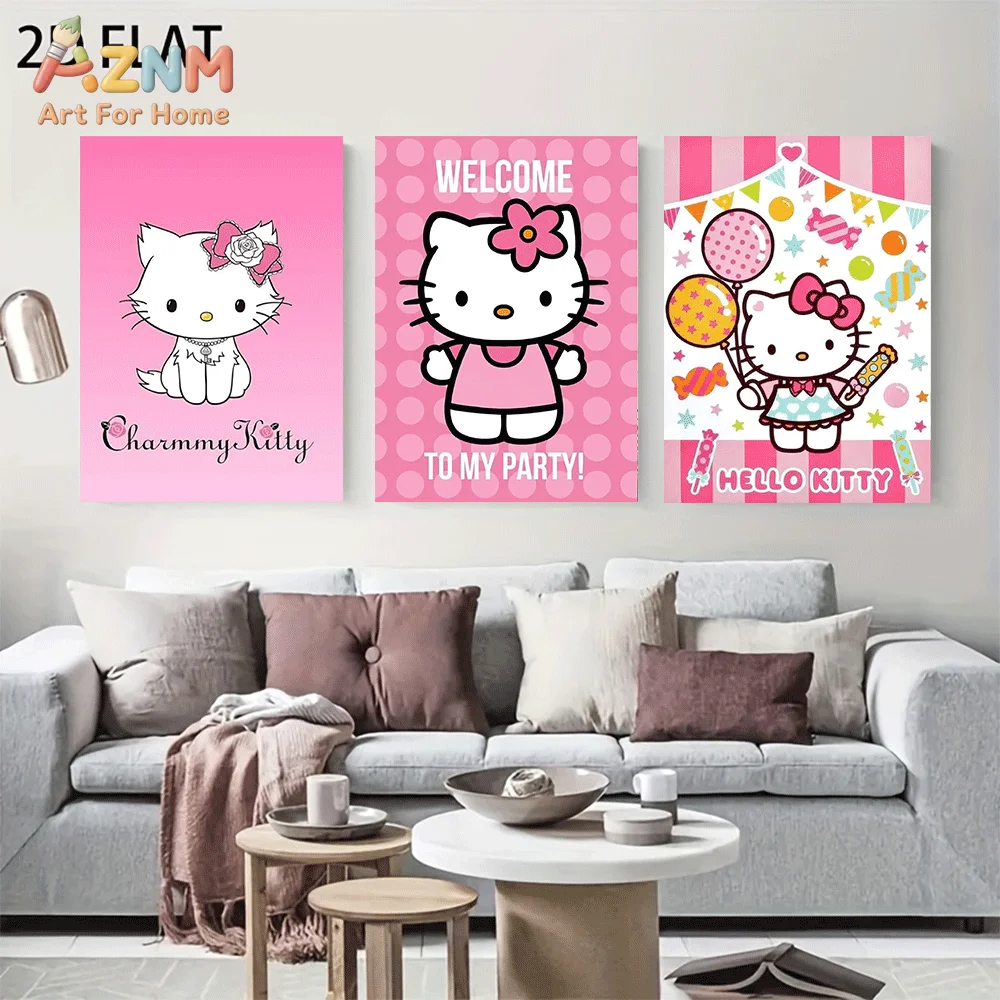 AZNM Sanrio Hello Kitty Canvas Wall Art Unframed Cute Cartoon Pink Party Balloon Candy Charmmy Kitty Theme Print Painting Girls