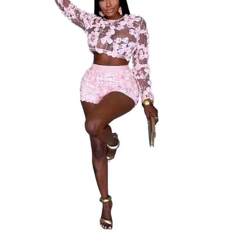 

Сексуальные комплекты с шортами из 2 предметов для женщин, розовая блузка и короткие брюки с цветочным декором, прозрачные элегантные женские комплекты с шортами, хит продаж