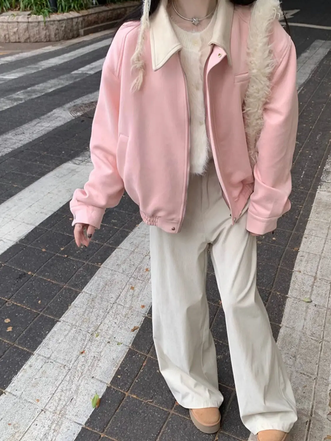 

2025 New Women's Baseball Jacket Suede Collar Color Block American Retro Loose Fit Casual Fall Coat Vintage Style