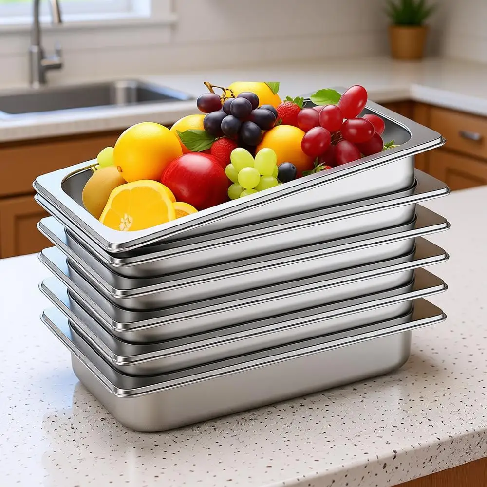 

6 Pack 1/3 Size 2.5 Deep Stainless Steel Food Pans 22 Gauge Anti Jam Commercial Food Storage Containers
