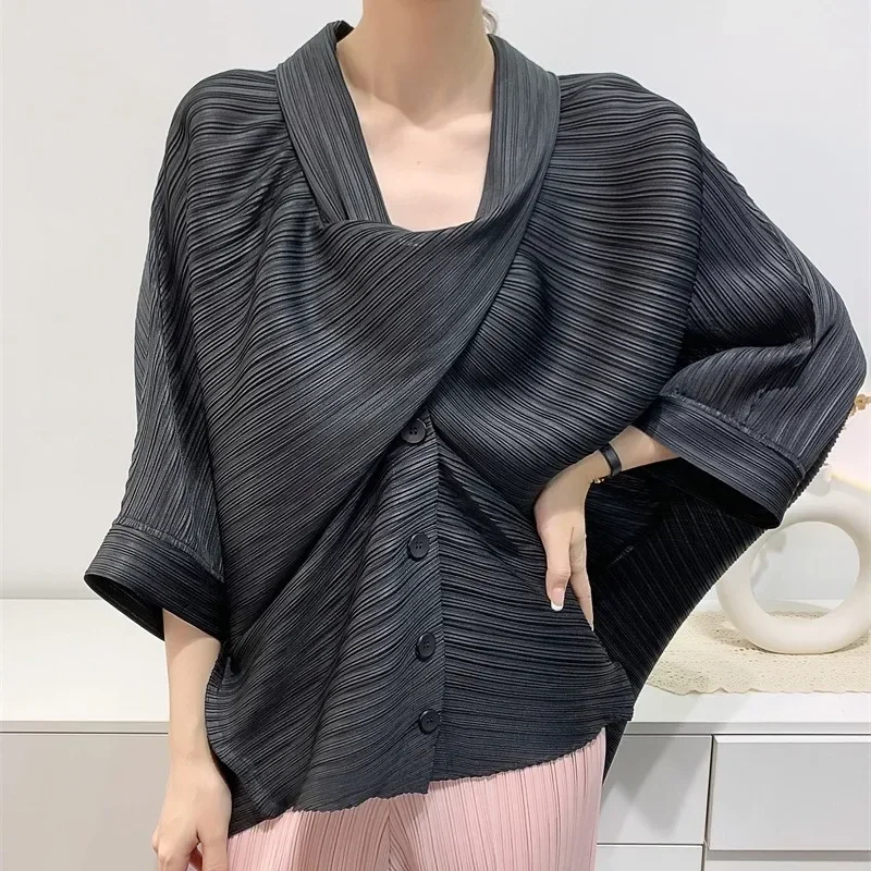 Miyake Pleated Irregular Lantern Sleeve Shirt 2023 Autumn Women Designer Korean Fashion Loose Scarf Collar Pullover T-shirt Tops