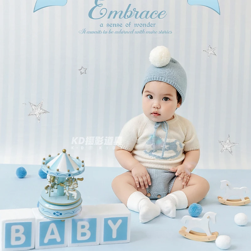 Newborn Photography Props Soft Knitted Short Sleeve Romper +Pom Pom Hat+ Socks 3pcs/set Blue Carousel Photo Shoot Scene Props