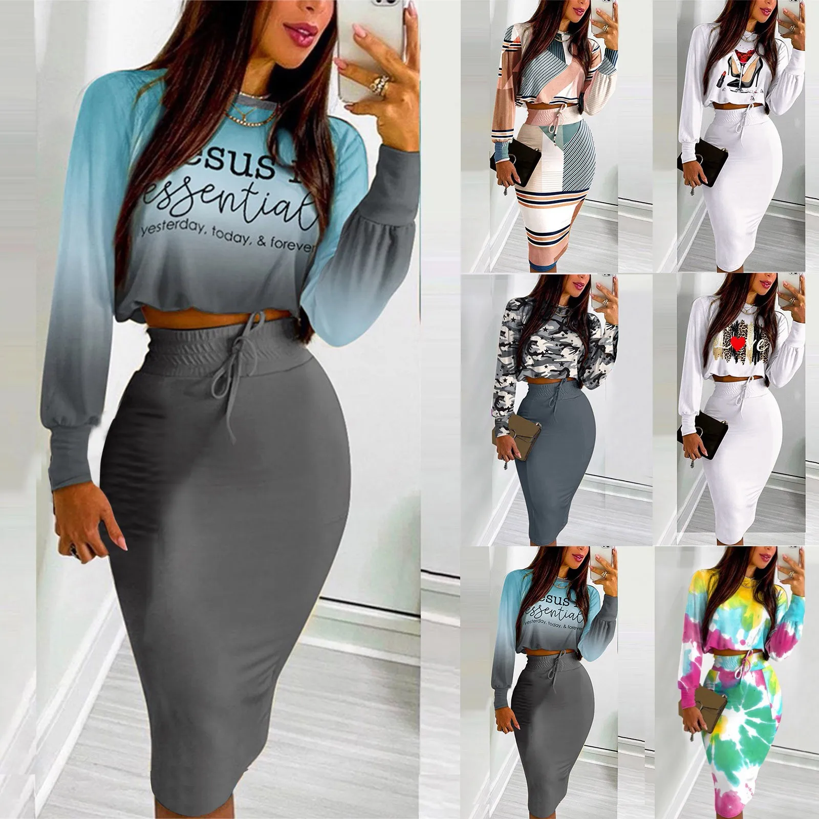 Autumn Women 2 Pieces Camouflage Print Hoodies Skirt Set 2023 Femme Crop Top & Drawstring Skirt Office Lady Outfit Overalls traf