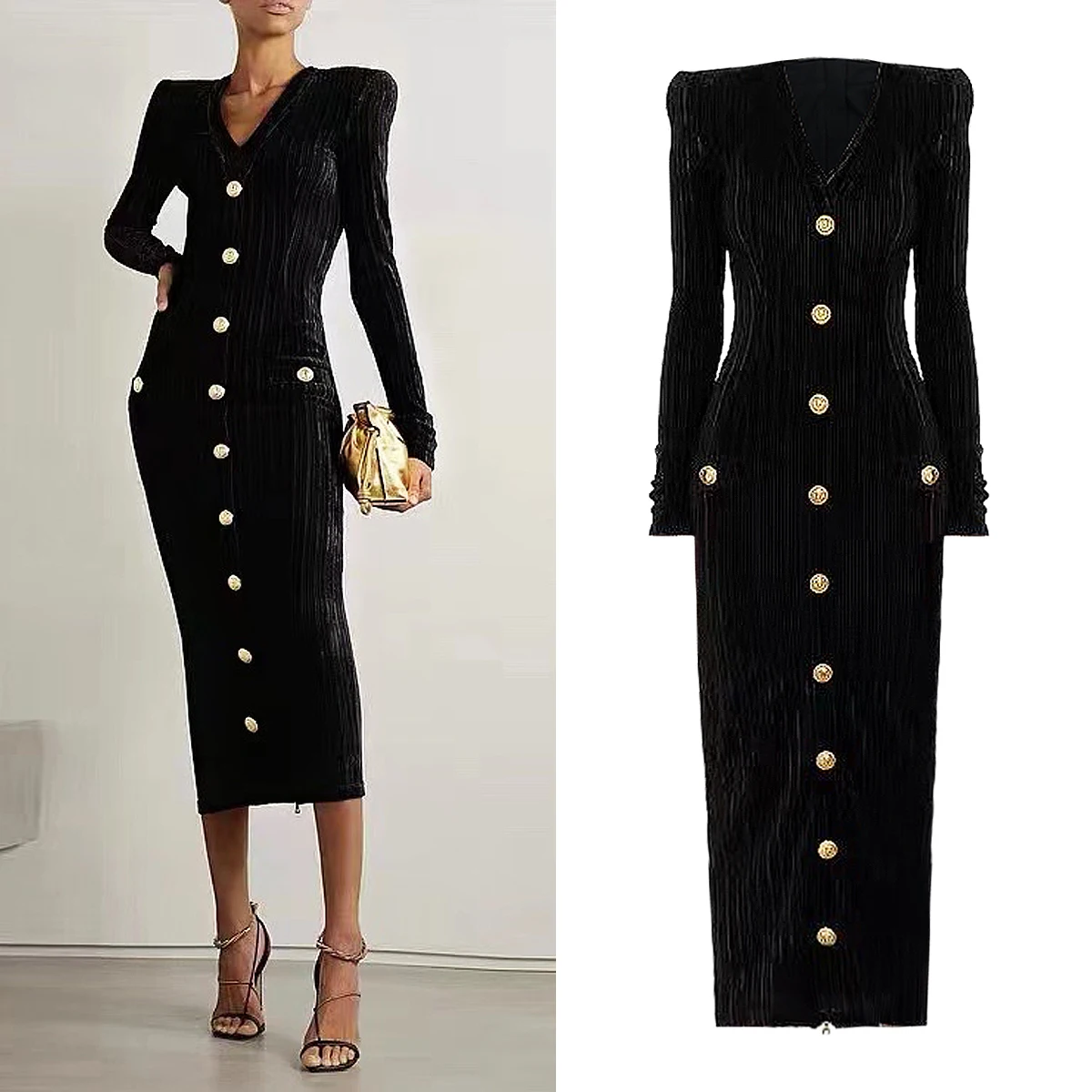 Spot 2023 Spring And Autumn New Celebrity Style Velvet Long Sleeve Slim Slim Long Dress Back Zipper Skirt