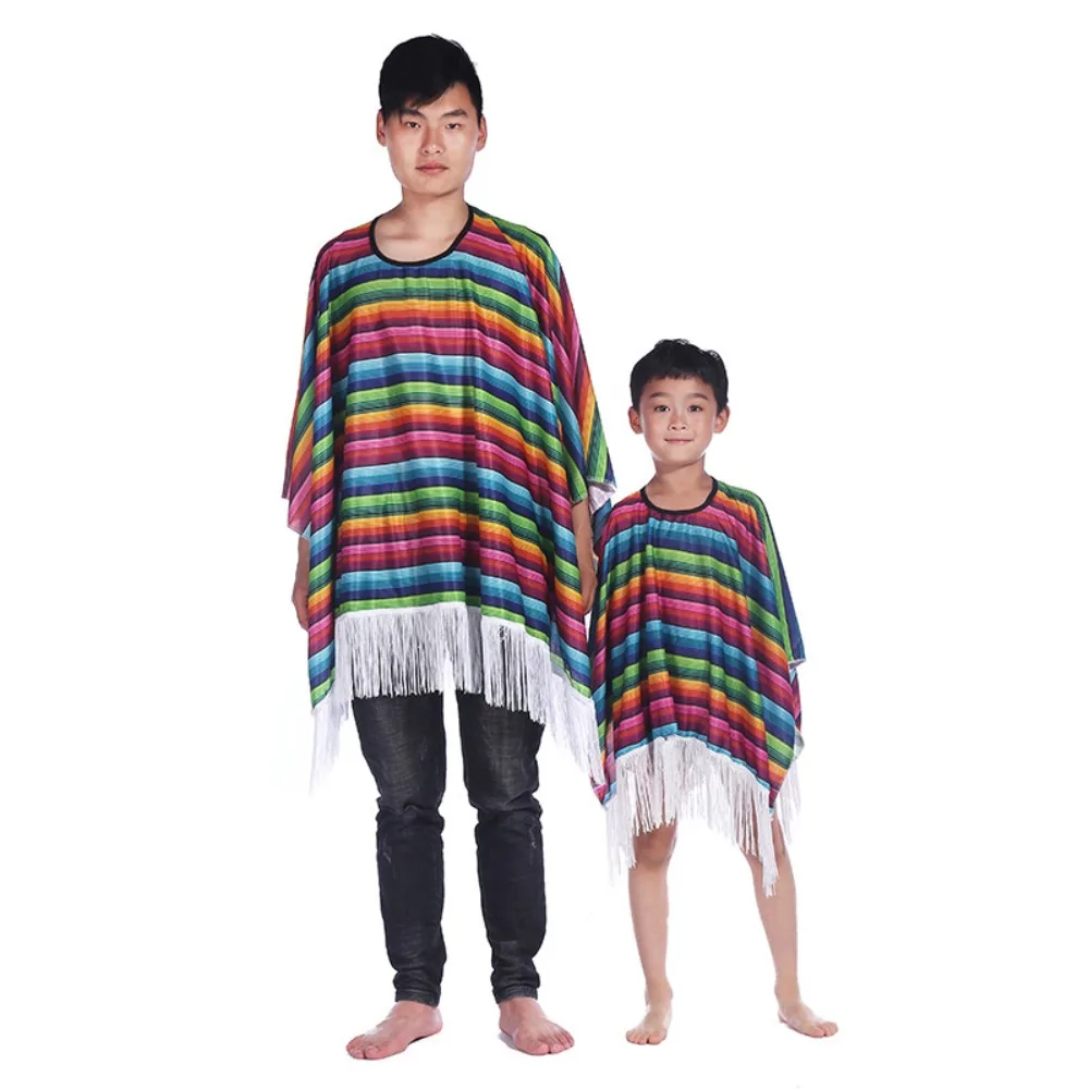 Ethnic Cloak Mexican Costume Rainbow Stripe Cosplay Mexican Style Cloak Cape Dress-up Folk Cape Mexican Poncho Kids Adult