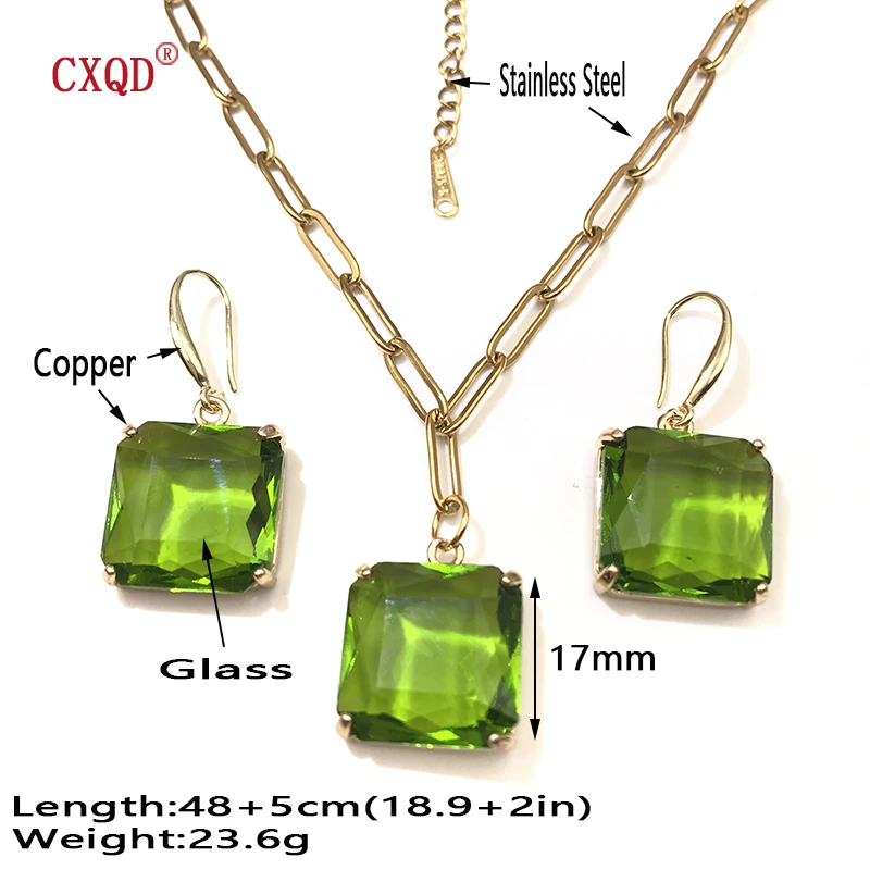 Colorful Clear Square Glass Pendant Necklace For Women Stainless Steel Chain Fashion Earrings Jewelry Original Accessories Set