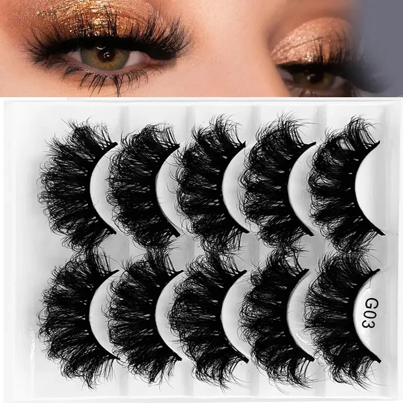 ふわふわつけまつげ5組、人工の太くてふわふわしたまつげ、8D自然な外観、美しく魅力的