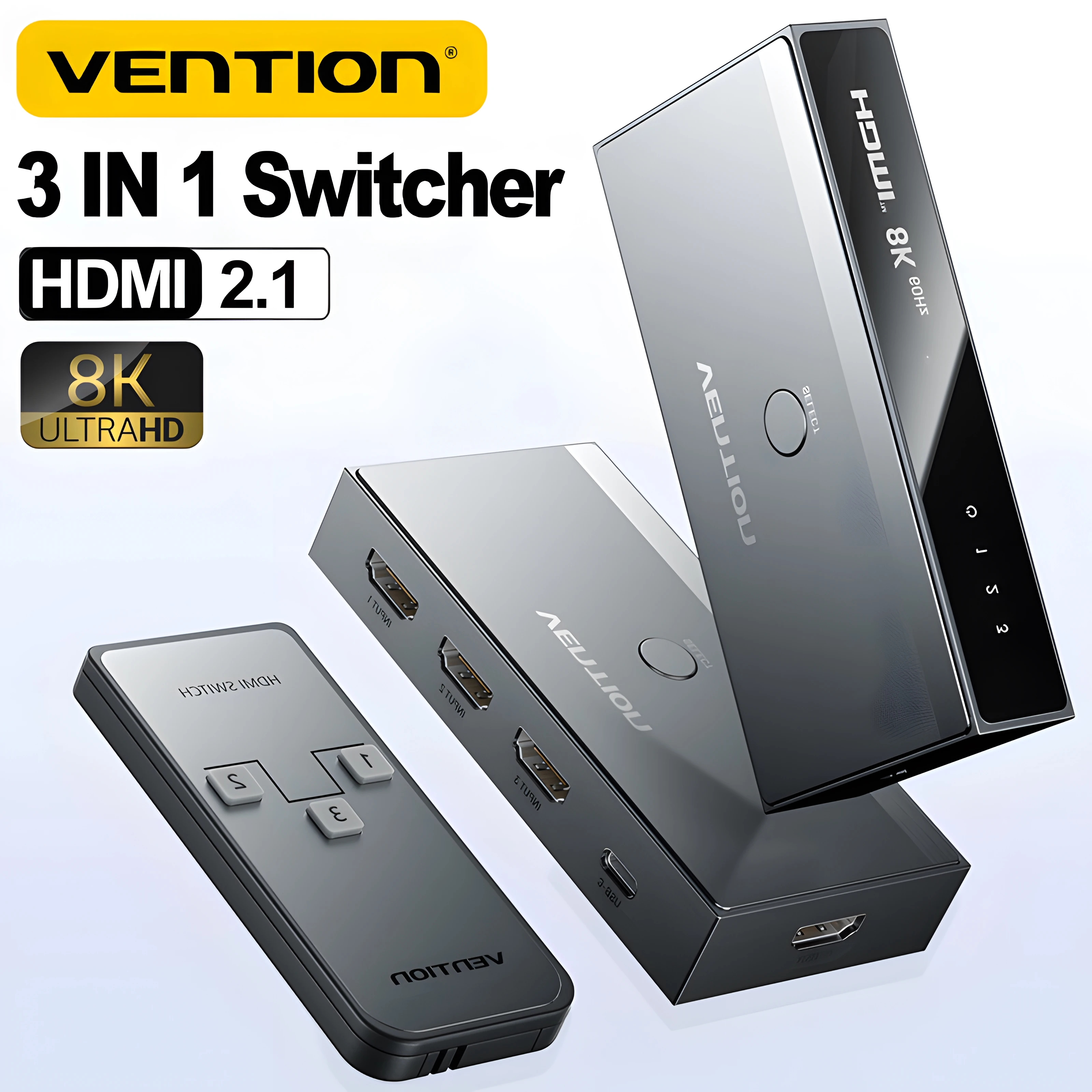 Vention New 3 in 1 8K HDMI 2.1 Switcher HDMI Splitter for HDTV XBOX 360 TV PS5 4 Laptop 3 in 1 Output HDMI 8K@60Hz Adapter