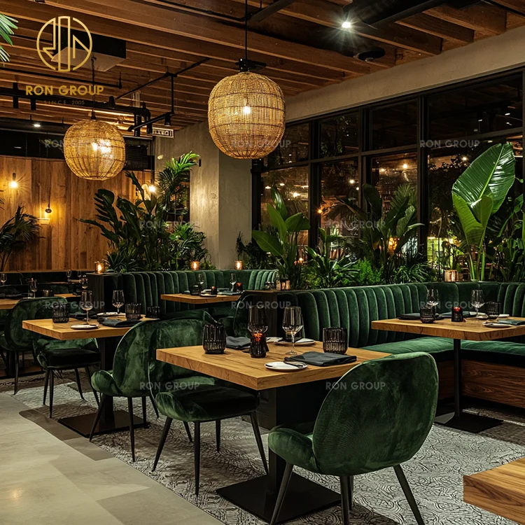 Ron Group Cafe Green Wood Square Table And Velvet Chair Set Booth Seating Commercial Restaurant Furniture