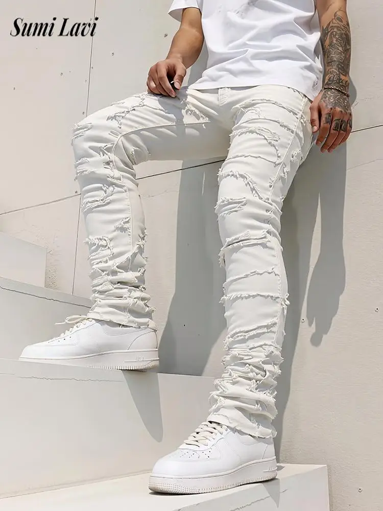 2026 Spring Fall New Casual Mens Slim Stretchy Jeans Vintage Patchwork Ripped Denim Pants Men Fashionable Solid Color Jean
