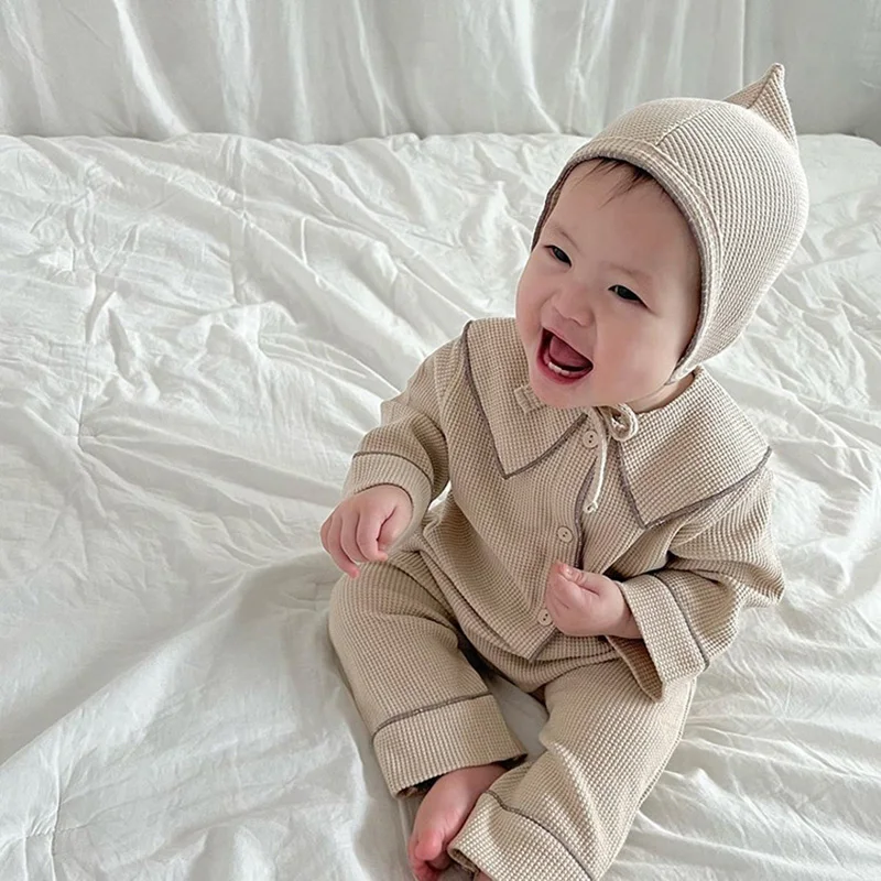 Baby Girls Clothes New Born Waffle Coats Pants Hat Set Autumn Kids Clothes Home Children Casual Clothing Suit for Boys 2024 New