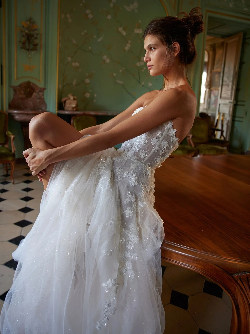 Floral Appliques A Line Wedding Dress, Elegant Strapless Pearls Bridal Gown, Customized Dazzling Women Wear, Ethereal Tulle
