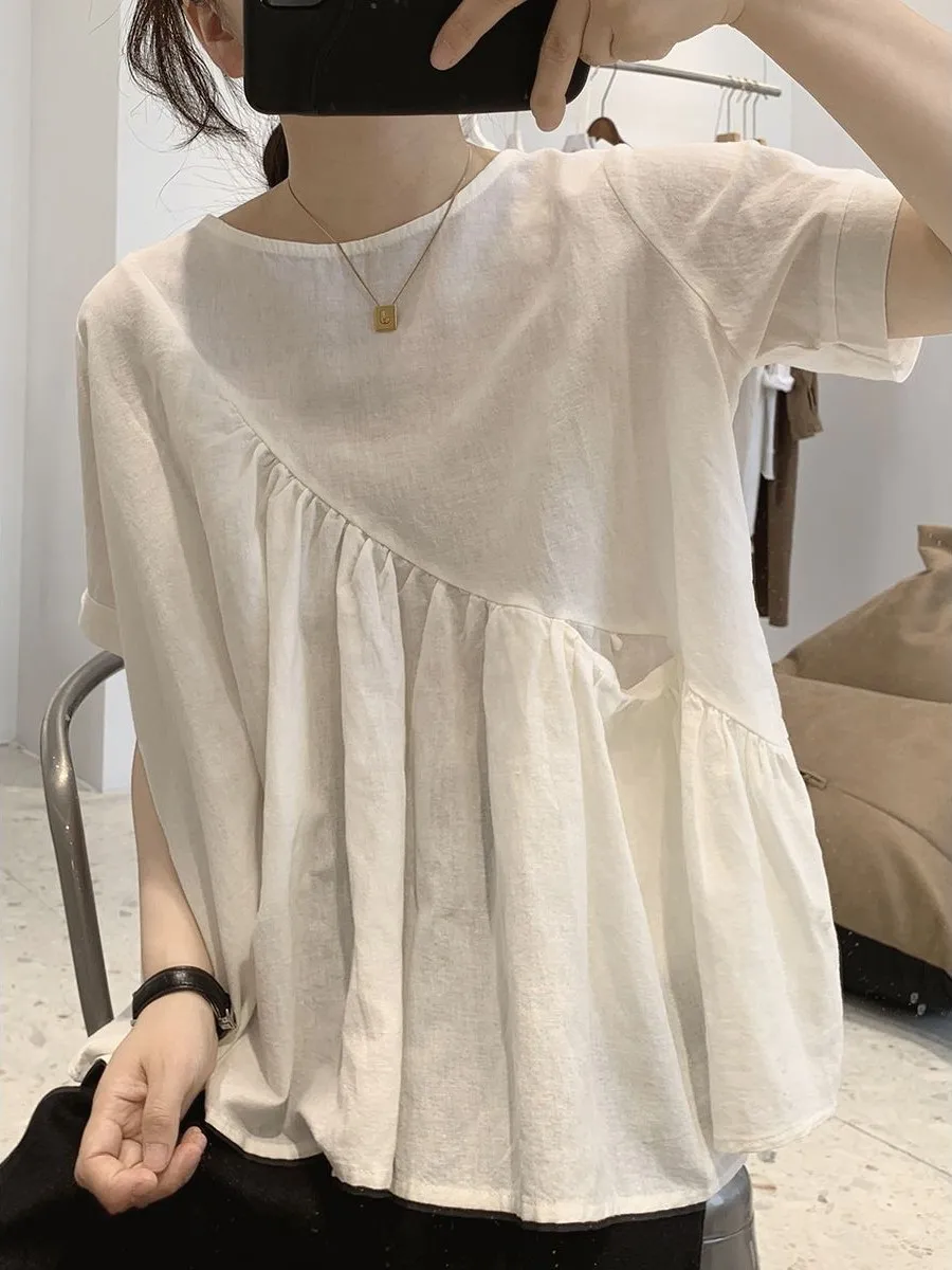 Loose Cotton Linen Shirt Women Summer Slim Fit round Neck Short Sleeve Doll Top Irregular Hemline  Style Age Reduction