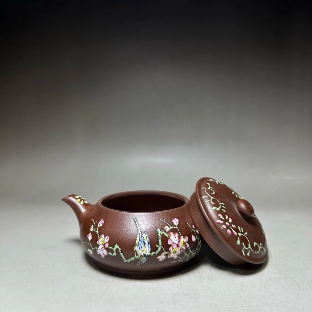 Old Chinese Handicraft Enameled YiXing Zisha (red stoneware) Teapot,bird, with mark, Free shipping