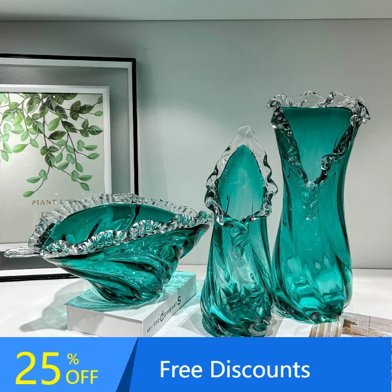 

FZ Glass Vase with Wavy Edge Fruit Plate for Home Living Room Model Room Desktop Decoration Ornament