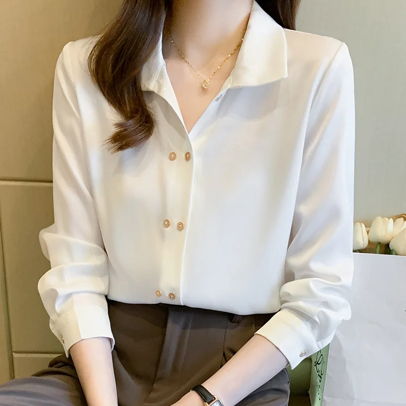 2024 Autumn Satin Shirt Women's Gold Buckle Niche Design Sense Retro Top High-end Chiffon Shirt