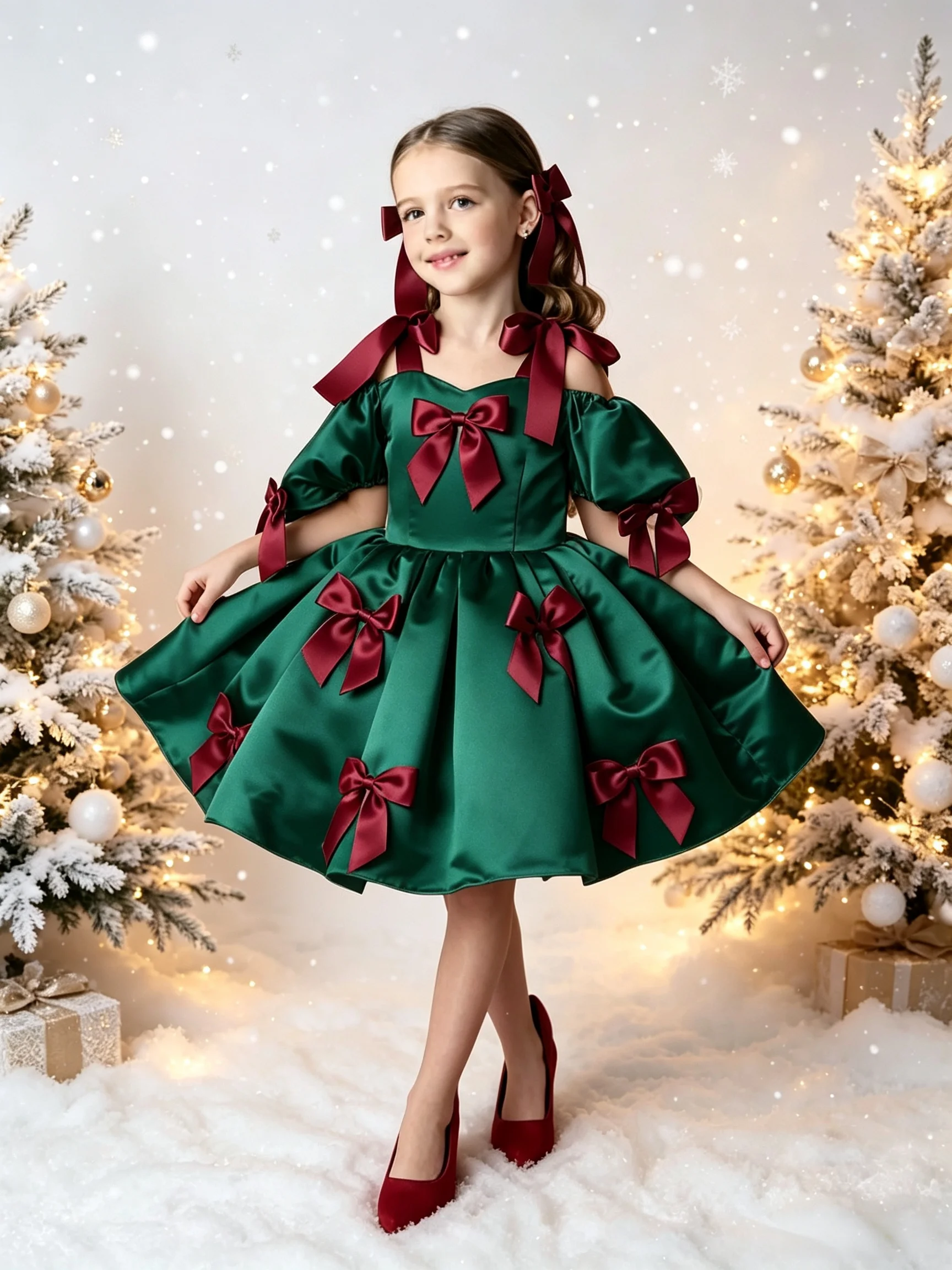 Customized Girl Christmas Satin Dress Off Shoulder Puff Sleeve Bow Decoration Kids Princess Party Gown Holiday Birthday Costume