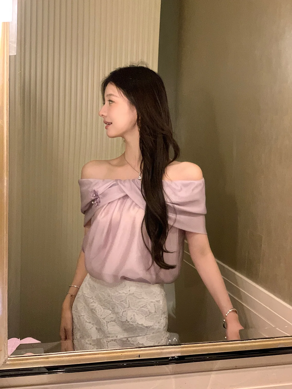 

YOLI Zhang Yuli Galaxy Purple Wisteria Sweet Floral oulder Chiffon Top Women Summer Ele Small irt Korean Sle Loose Fit