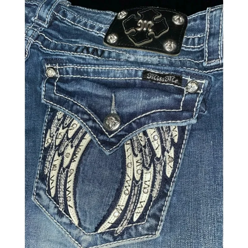 Jean rétro Miss Boot Me Cut pour femme, jean bleu Y2K, poche à oreilles brodées, hip hop, pantalon large gothique Harajuku, vêtements de rue, nouveau