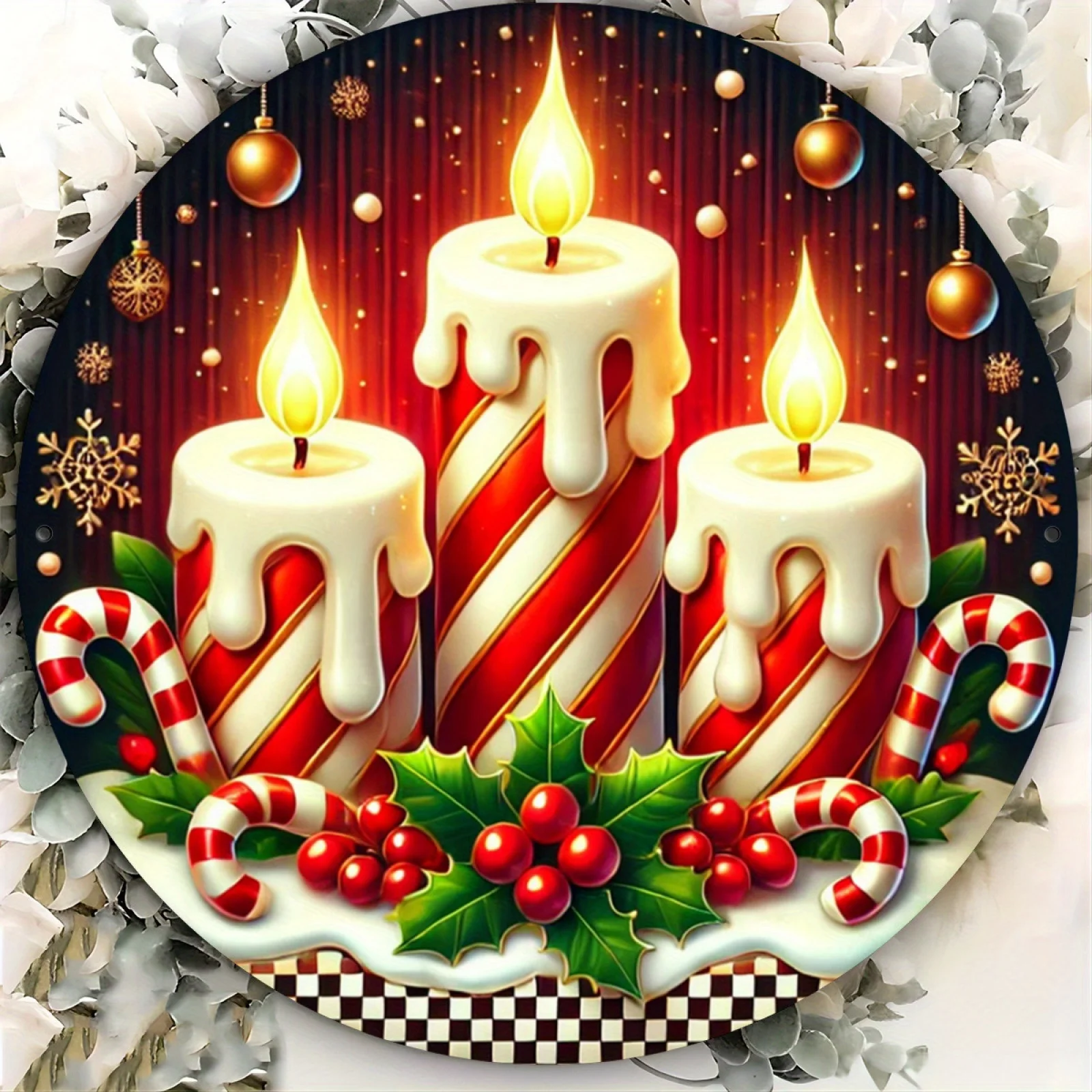 [Today Only Offer] Home&Seasonal Decoration1pcs Holiday Christmas Candle Metal Tin Sign 7.87X 7.87Inch Round Aluminum Wall Art,