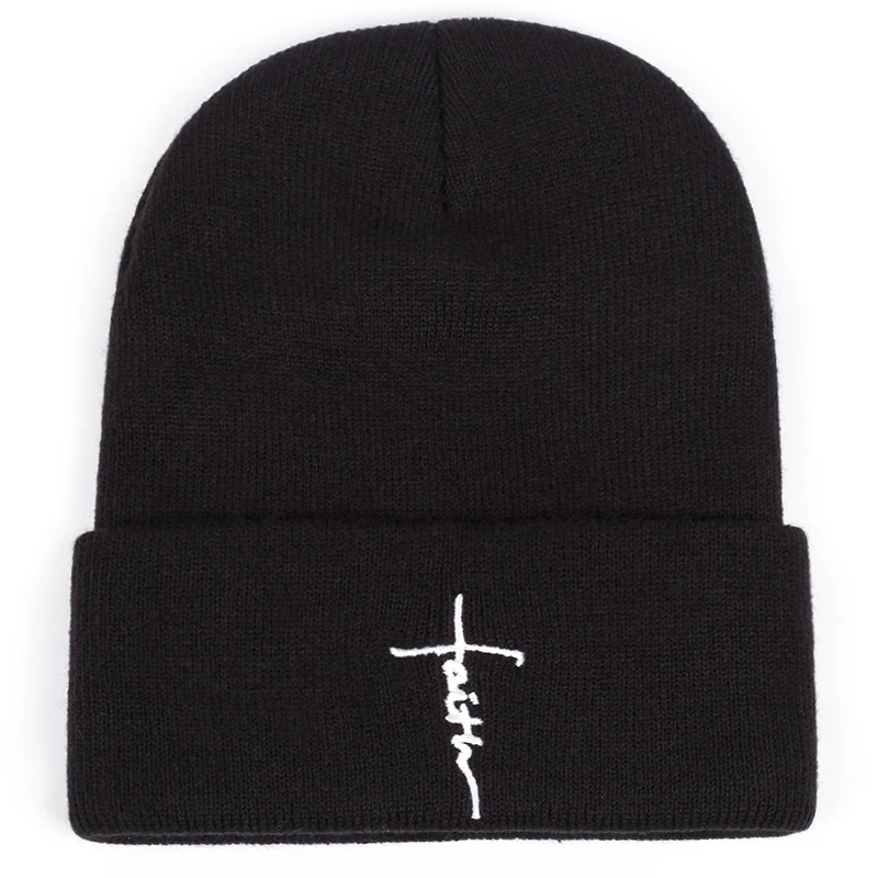 Faith letter embroidered knitted cap for men and women, autumn and winter outdoor warm sports event woolen cap, bean cap