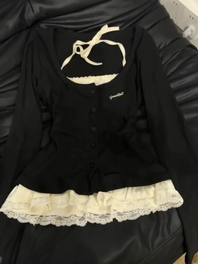 Y2K Korean Hottie Retro Fake Zweiteiliges Set Spitzenspleiß ​ ​ Langarm Slim Fit 2000er Street Temperament Design Damen T-Shirts