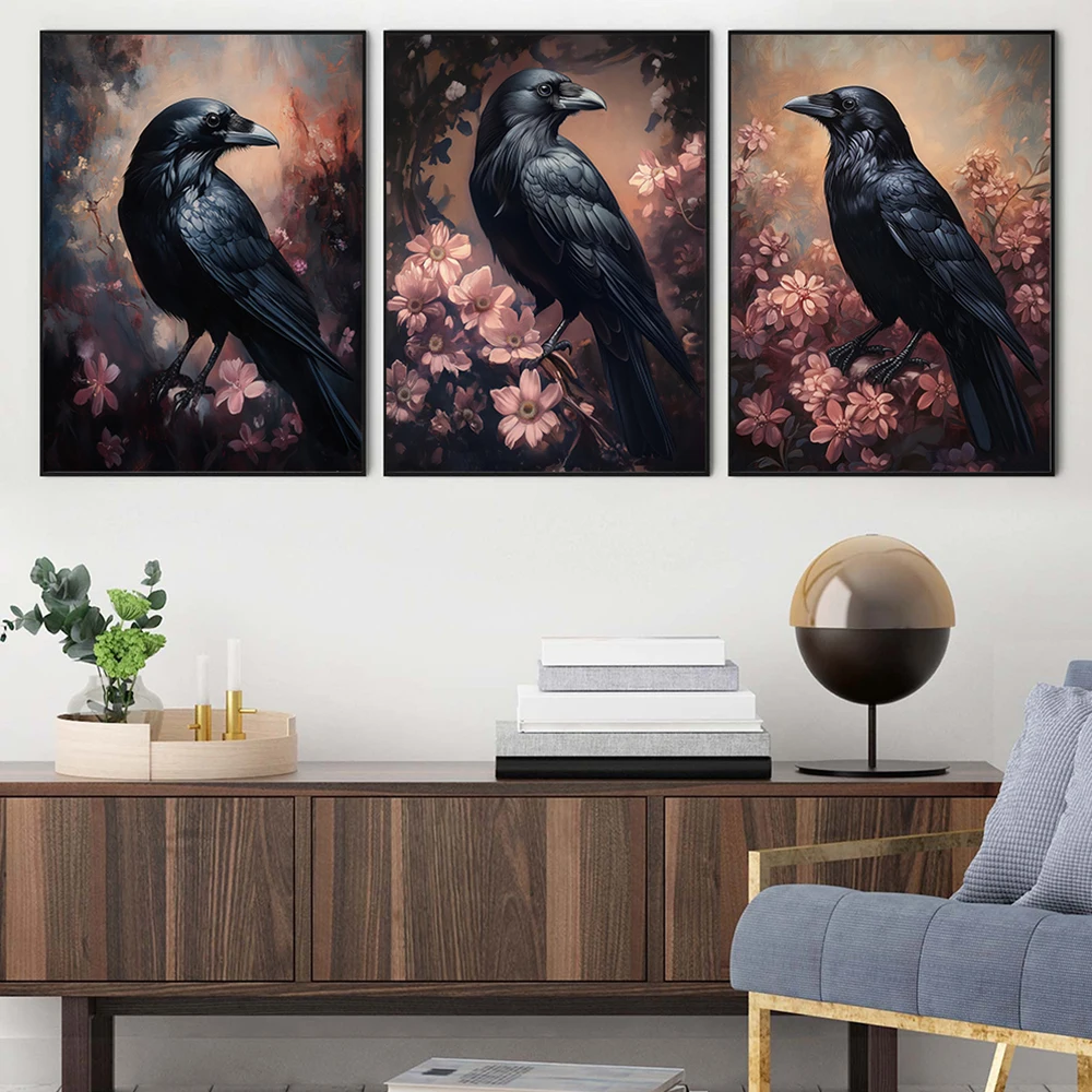 Black Crow With Flowers Raven Art Poster Print Dark Academia Gothic Victorian Crow Spooky Halloween Canvas Wall Art Room Decor