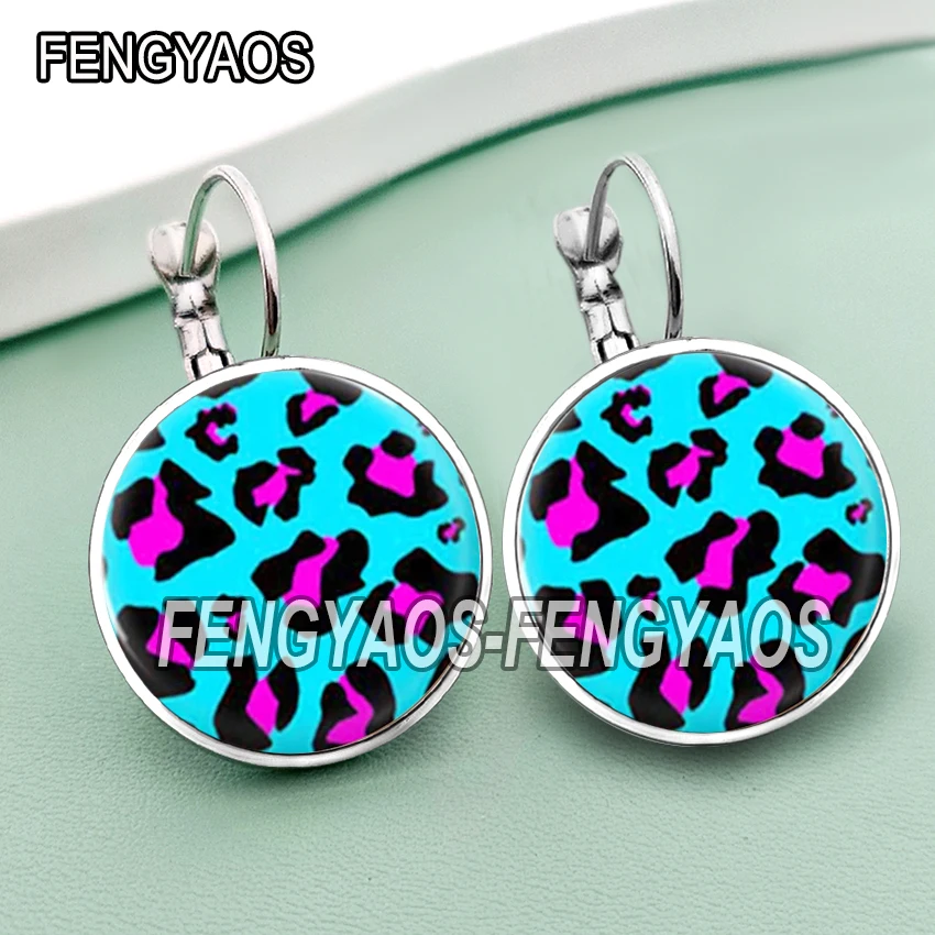 Colorful Leopard Stud Earrings for Women Bright Color Earring Glass Cabochon Summer Hook Ear Jewelry for Girls
