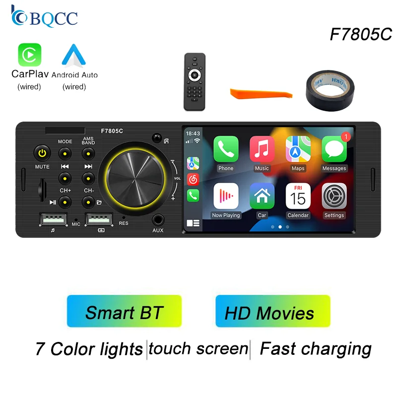Bqcc 1 Din4.1 Inch Touchscreen Autoradio Bedrade Android Auto Carplay Bluetooth Fm Usb Mirrorlink 7 Kleurrijke Lichten Autoradio