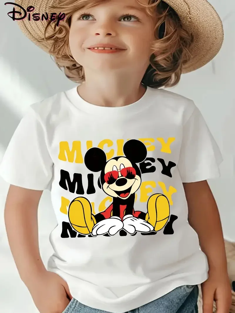 

2025 Новая детская уличная модная трендовая футболка с короткими рукавами из чистого хлопка с принтом Диснея и круглым вырезом
