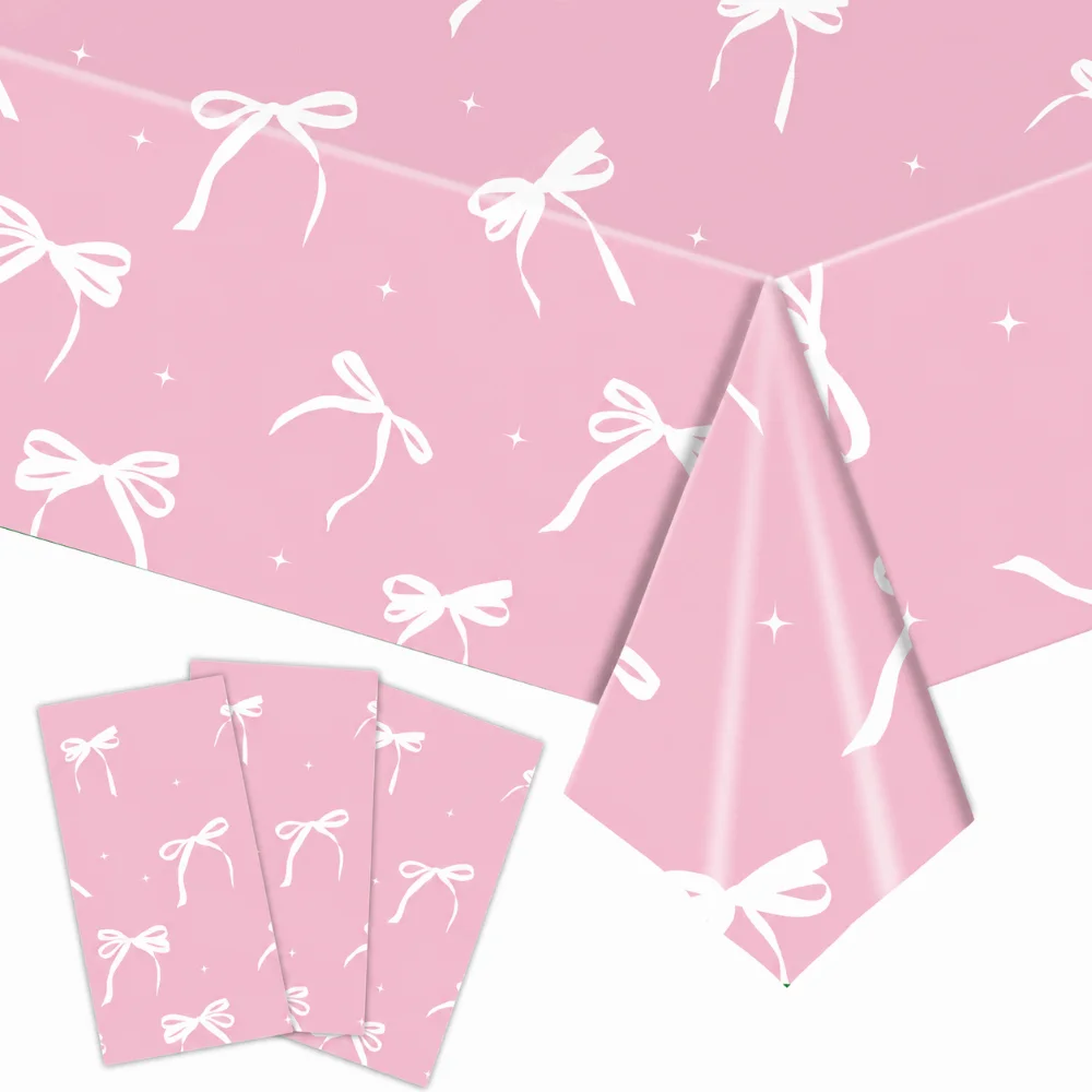 New Bow Birthday Theme Table Clothes Disposable Rectangular Table Cover Waterproof Plastic Tablecloth for Girls Kids