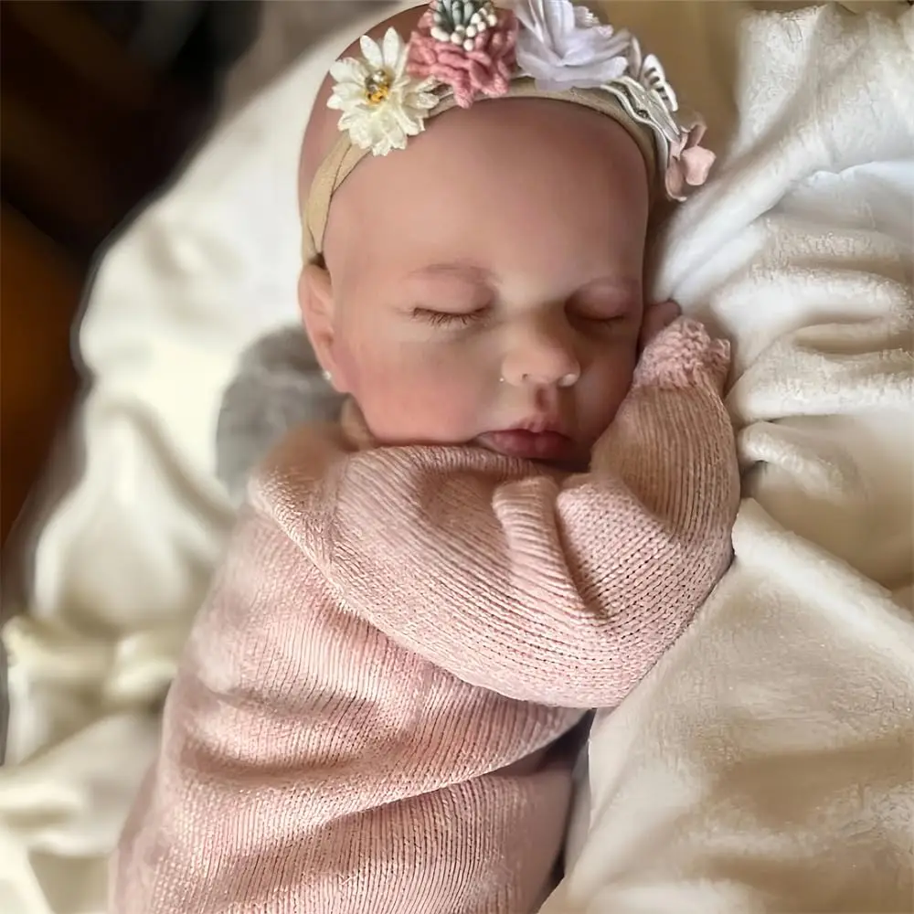 20Inch 50cm Sleeping Reborn Baby Girl Doll Bald Pink Knit Outfit Floral Headband Curl‑Up Pose Kids Toy