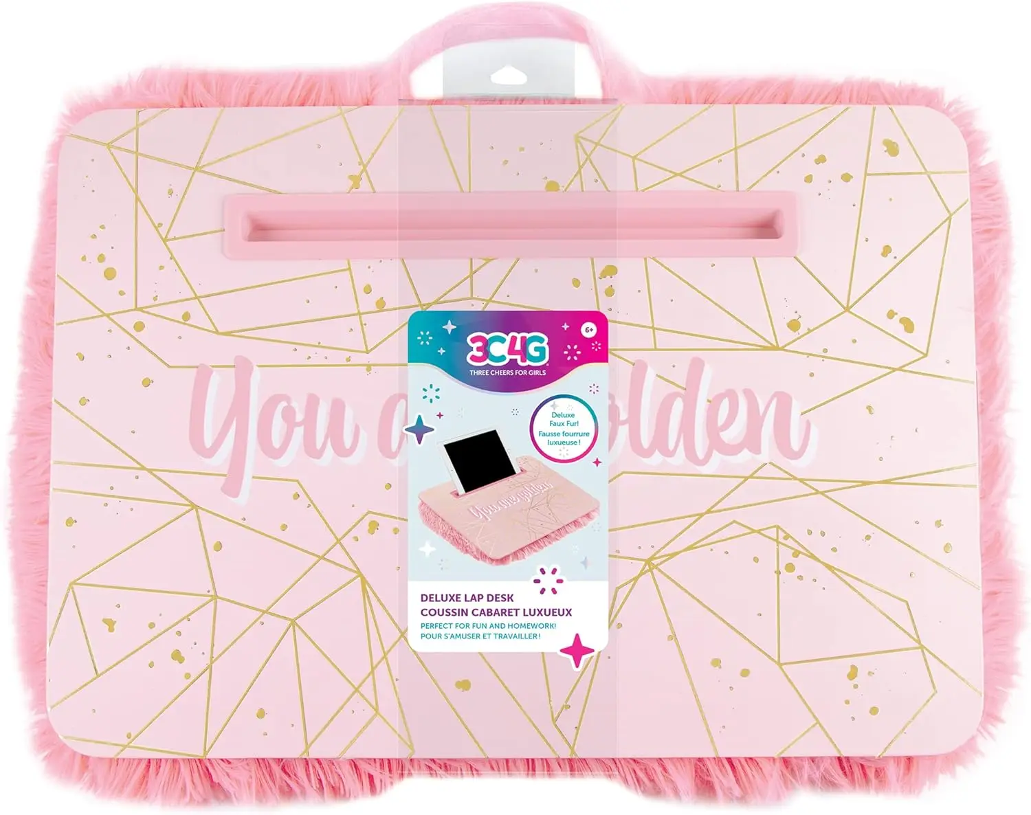 

Pink & Gold Fur Lap Desk with Media Slot, Portable for Tablets & Phones, Ages 6+
