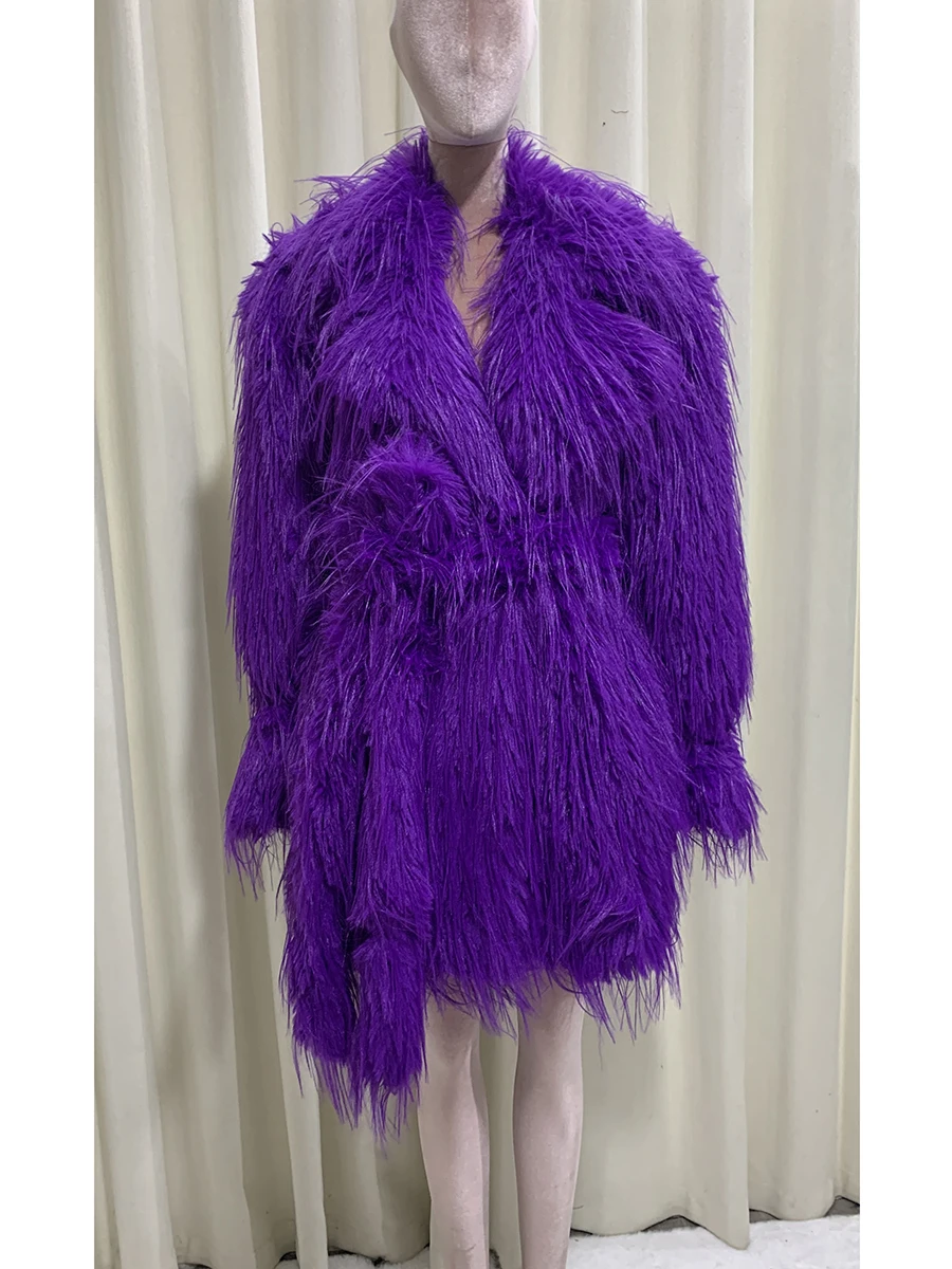 Otoño Invierno suelto brillante púrpura peludo grueso cálido suave imitación abrigo de piel mongol mujeres fajas chaqueta mullida de lujo 2025