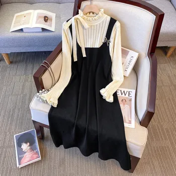 Nozioni di base da donna maniche lunghe elegante colletto alla coreana chic falso in due pezzi abiti in maglia allentata francese autunno inverno taglie forti